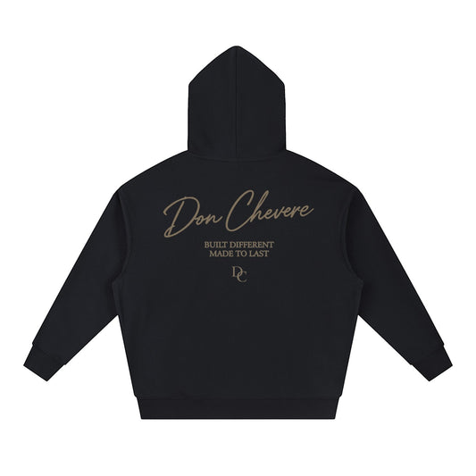 Don Chevere black cotton blend unisex drop-shoulder hoodie with gold text logo and graphic print on back.