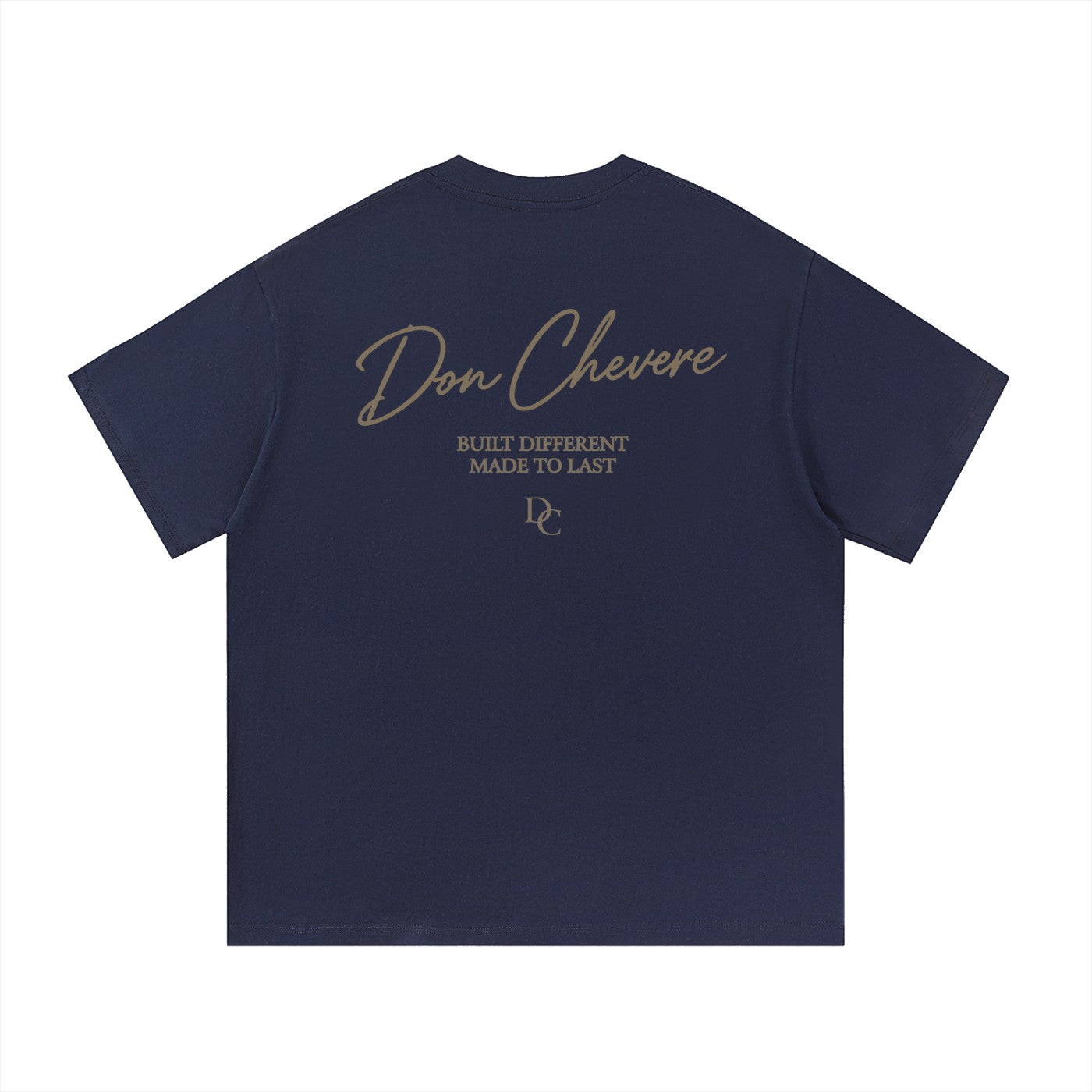 Don Chevere navy blue 100% cotton unisex short sleeve t-shirt with gold text graphic on back.