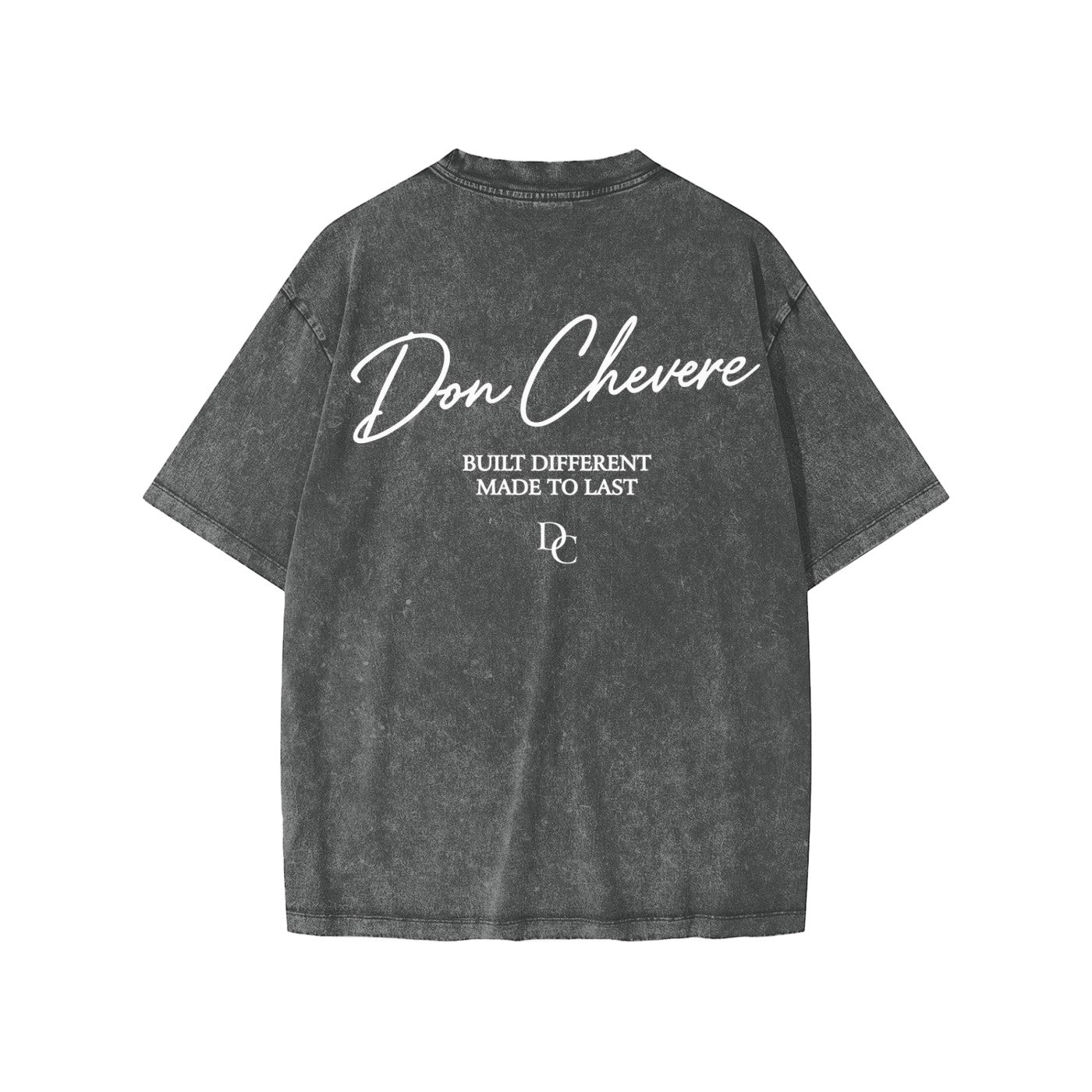 Don Chevere snow washed kids' tee, charcoal grey 100% cotton with white text graphic on back.