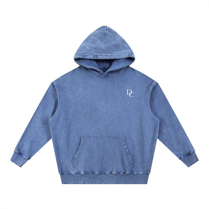 Don Chevere Asphalt Distressed Heavyweight Hoodie, blue cotton, with DC logo and front pocket.
