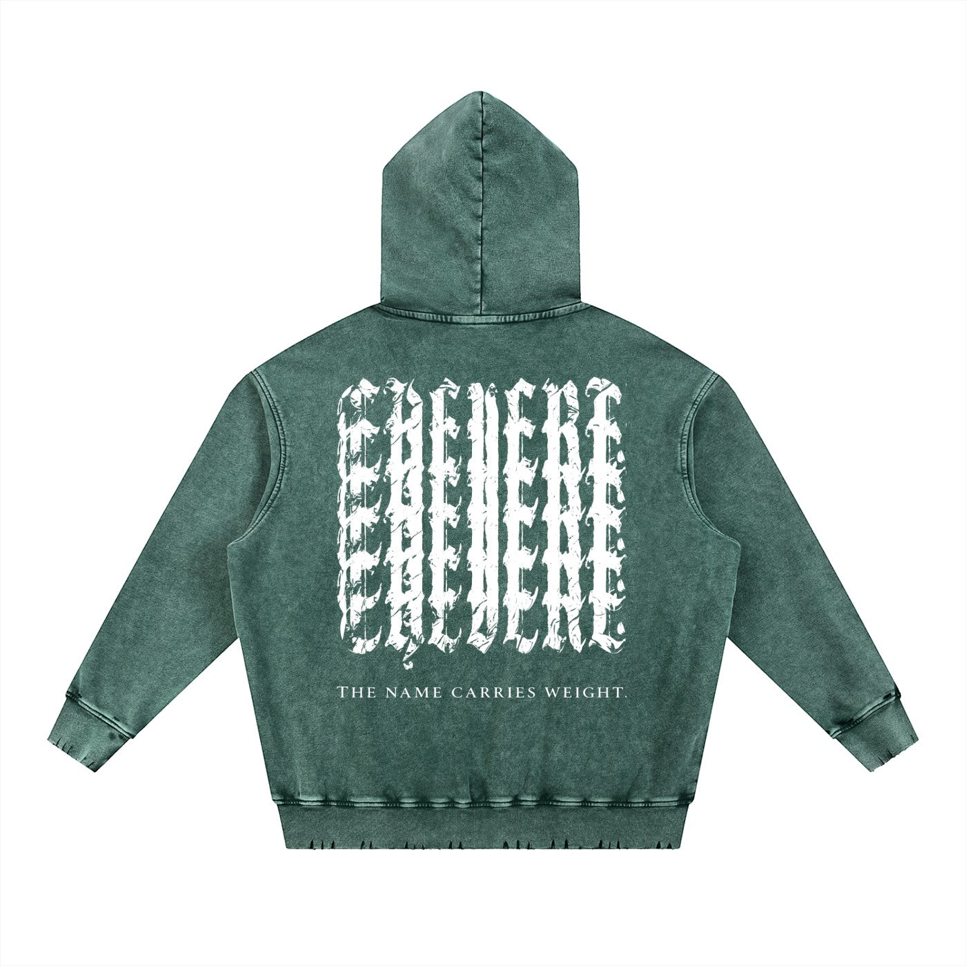 Don Chevere Asphalt Distressed Heavyweight Hoodie, green, 100% cotton, with distressed finish and graphic print on back.