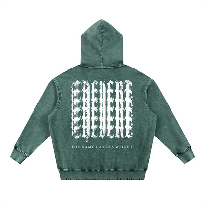 Don Chevere Asphalt Distressed Heavyweight Hoodie, green, 100% cotton, with distressed finish and graphic print on back.