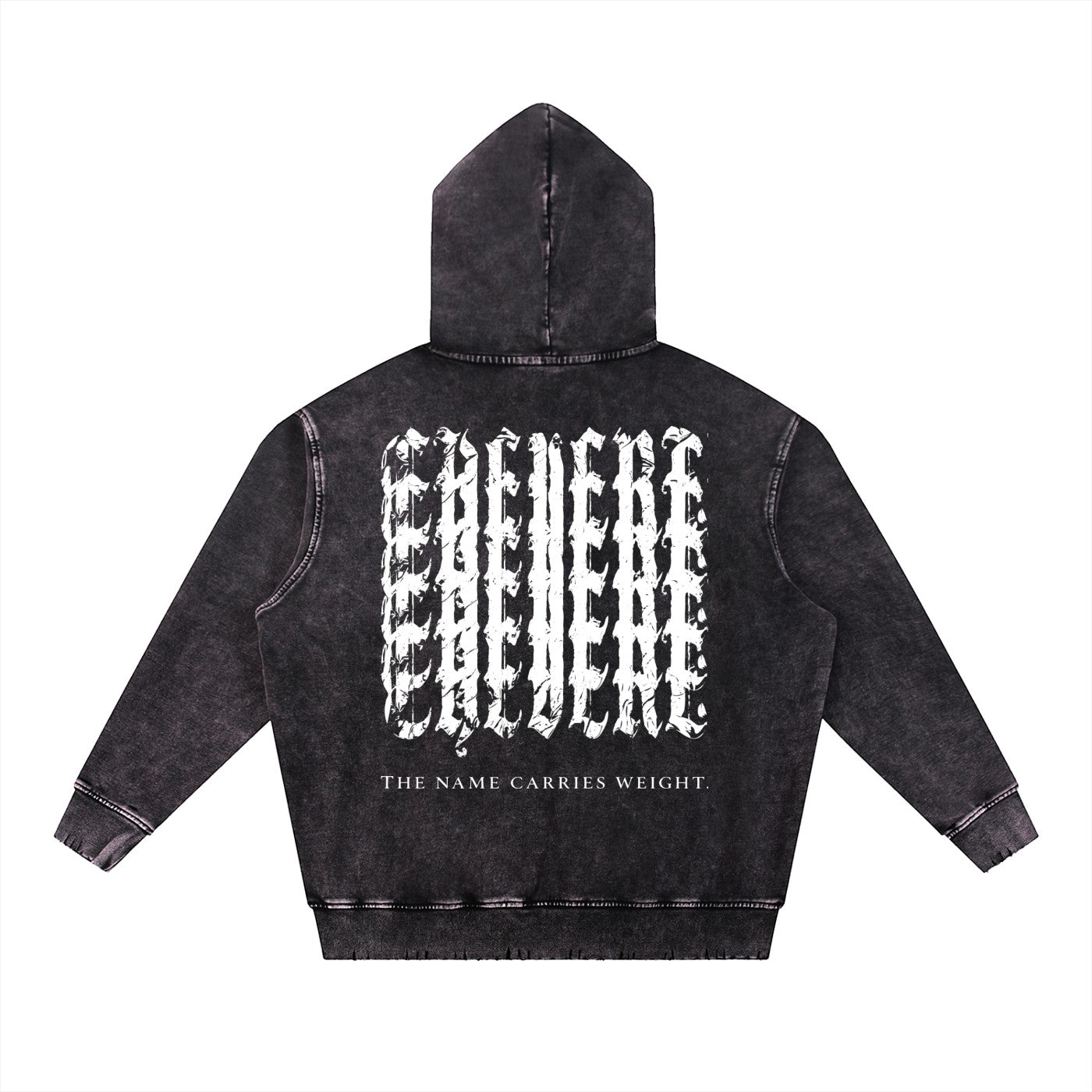 Don Chevere Asphalt Distressed Heavyweight Hoodie with graphic text on back and "THE NAME CARRIES WEIGHT." slogan.