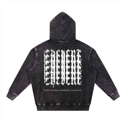 Don Chevere Asphalt Distressed Heavyweight Hoodie with graphic text on back and "THE NAME CARRIES WEIGHT." slogan.