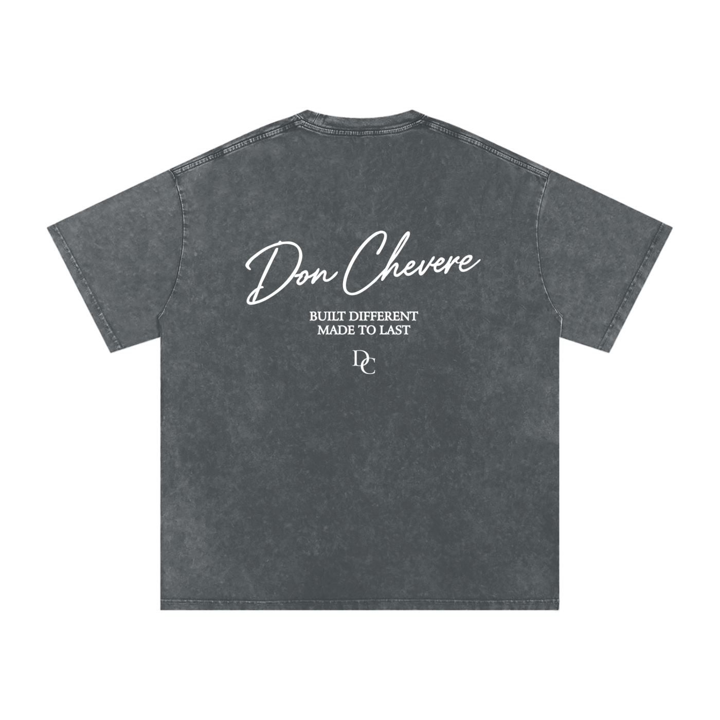 Don Chevere asphalt grey oversized essential tee, 100% cotton, with white text and logo on back.