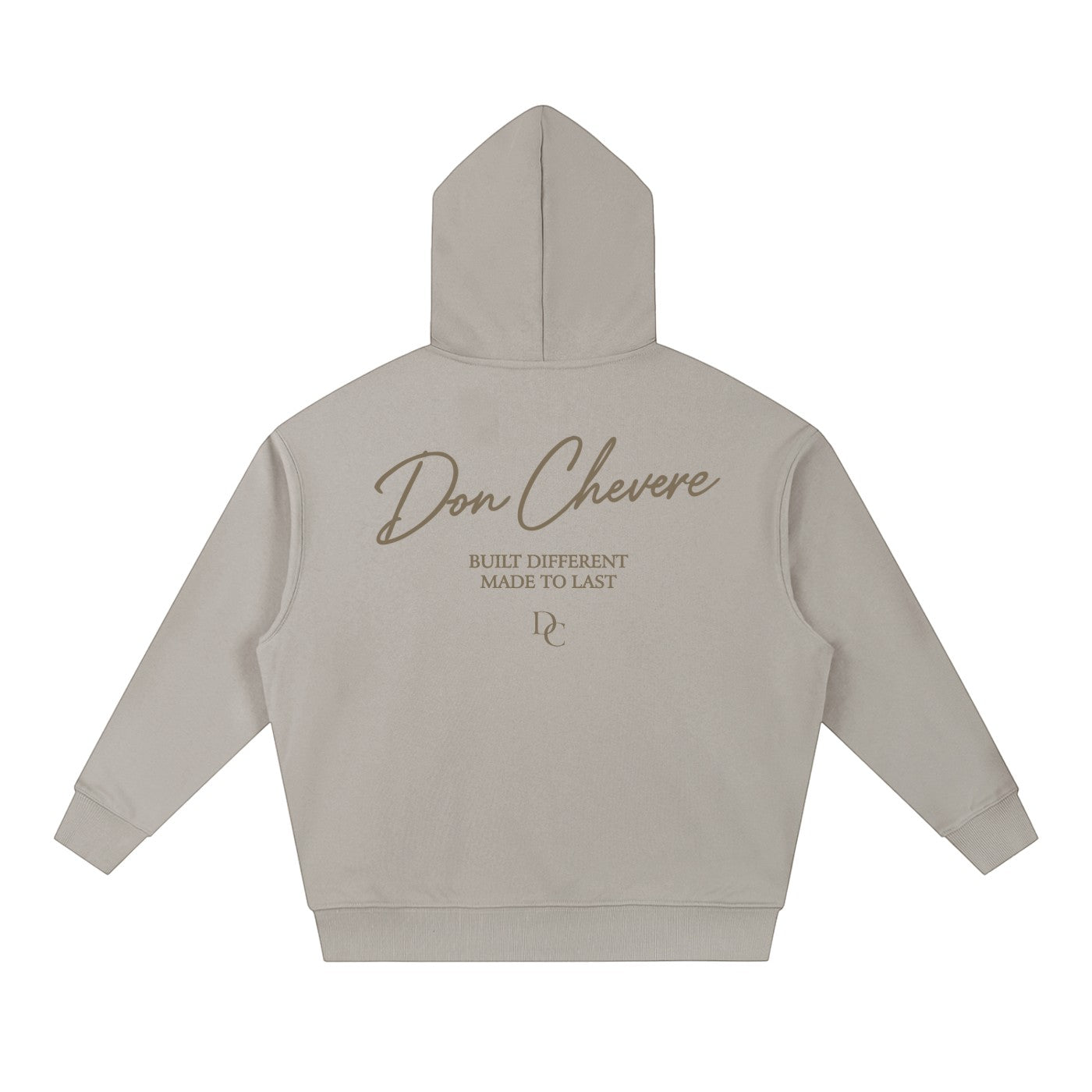 Don Chevere beige cotton blend drop-shoulder hoodie with signature logo and text print on back.