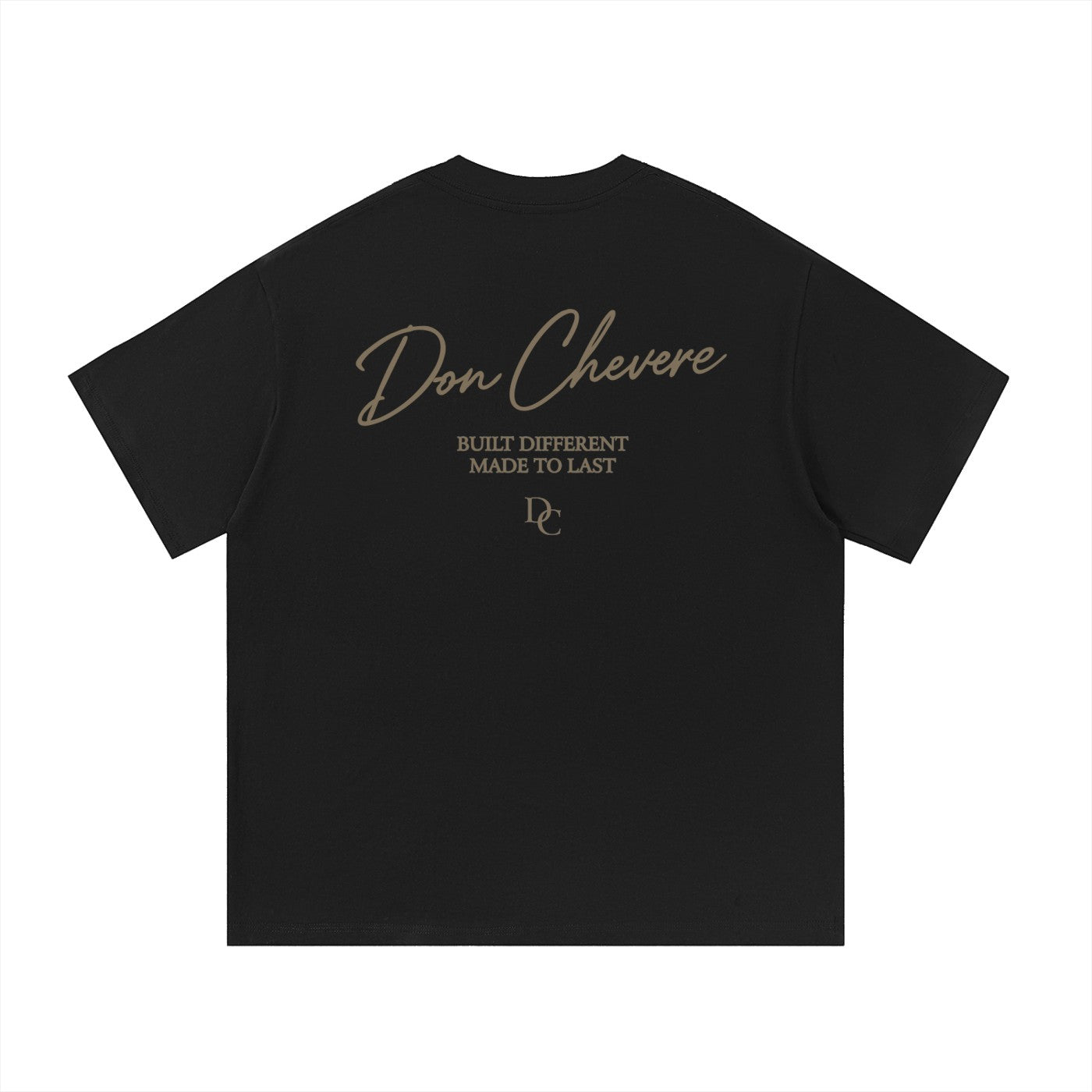 Don Chevere black 100% cotton t-shirt with gold text logo and graphic print on back.