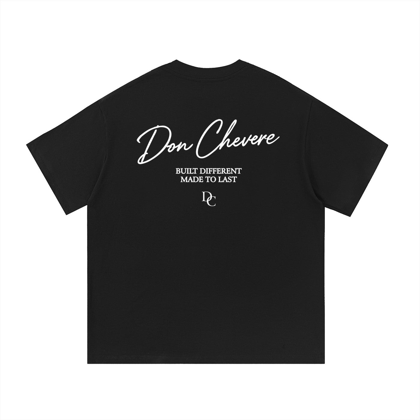 Don Chevere black 100% cotton unisex t-shirt with white text logo and graphic.