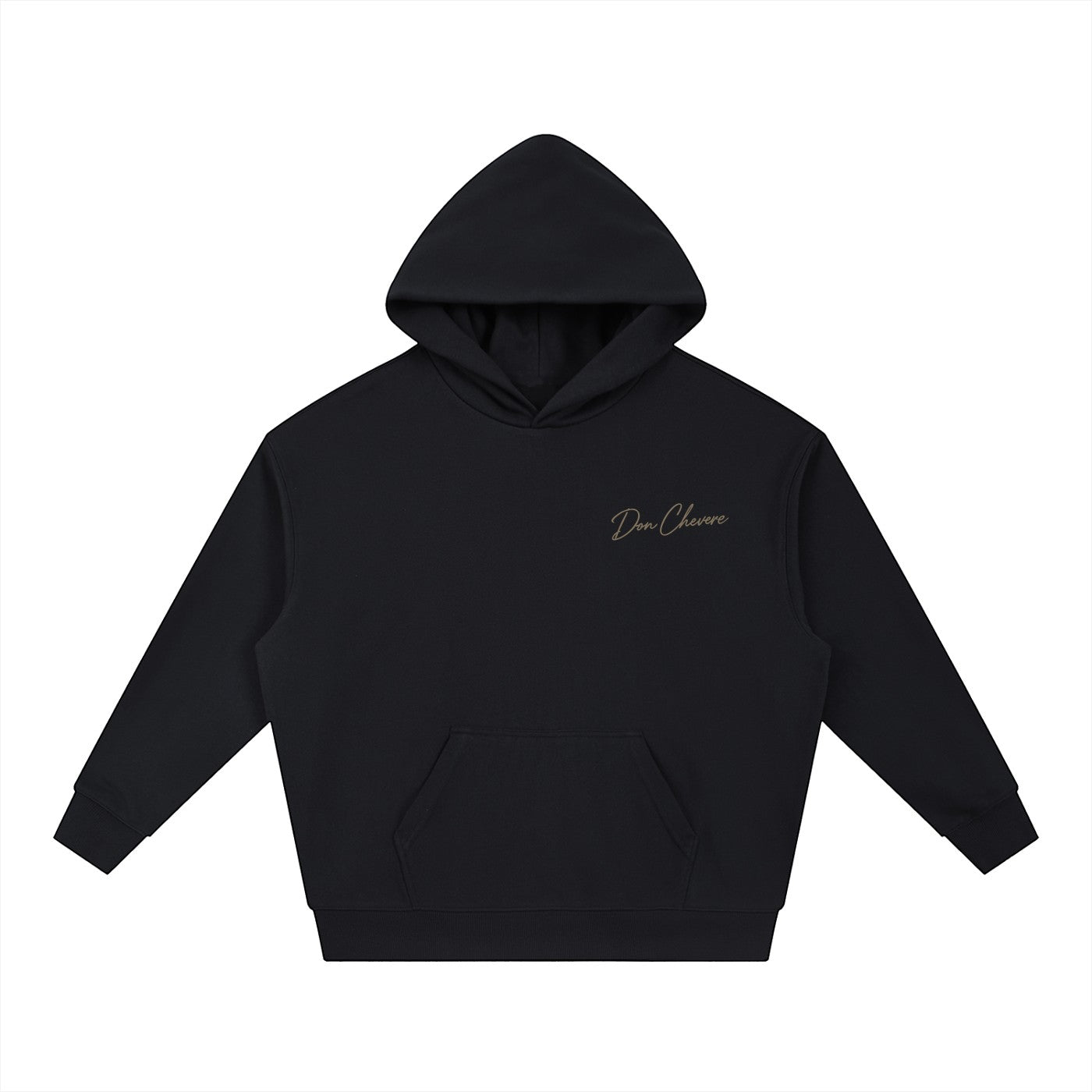 Don Chevere black cotton blend drop-shoulder hoodie with logo and front pocket.