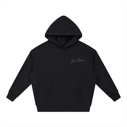 Don Chevere black cotton blend drop-shoulder hoodie with logo and front pocket.