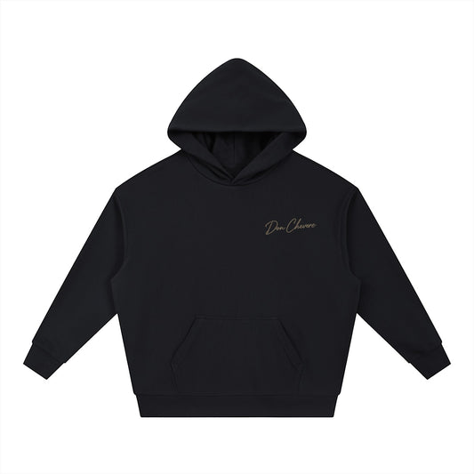 Don Chevere black cotton blend drop-shoulder hoodie with logo and front pocket.