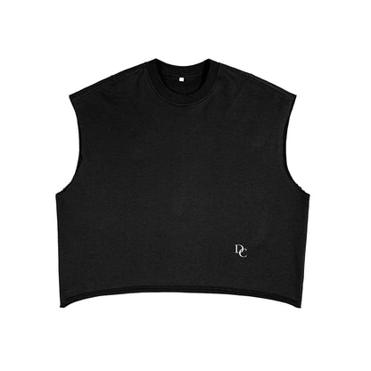 Don Chevere black heavyweight cotton blend sleeveless crop tank top with frayed hem and subtle logo detail.