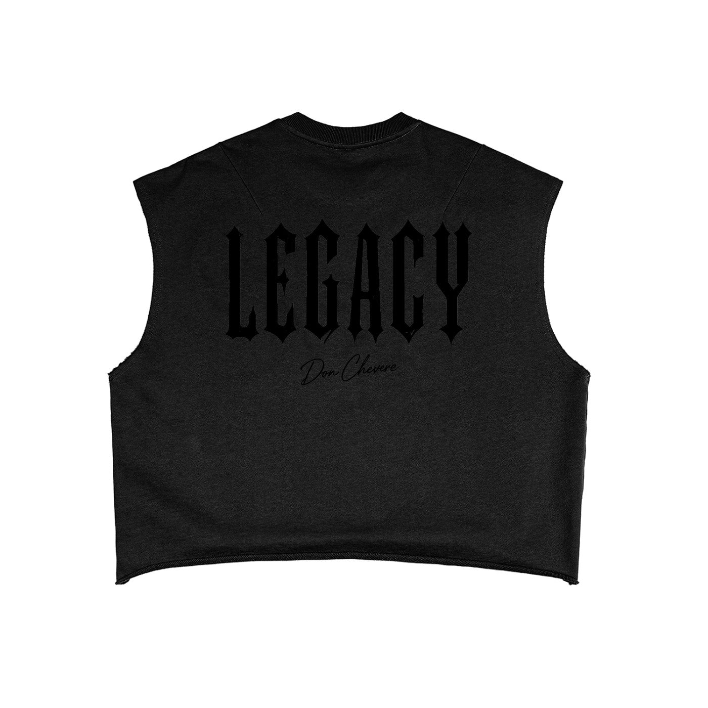 Don Chevere black heavyweight cotton blend cropped tank top with "LEGACY" graphic and frayed hem.