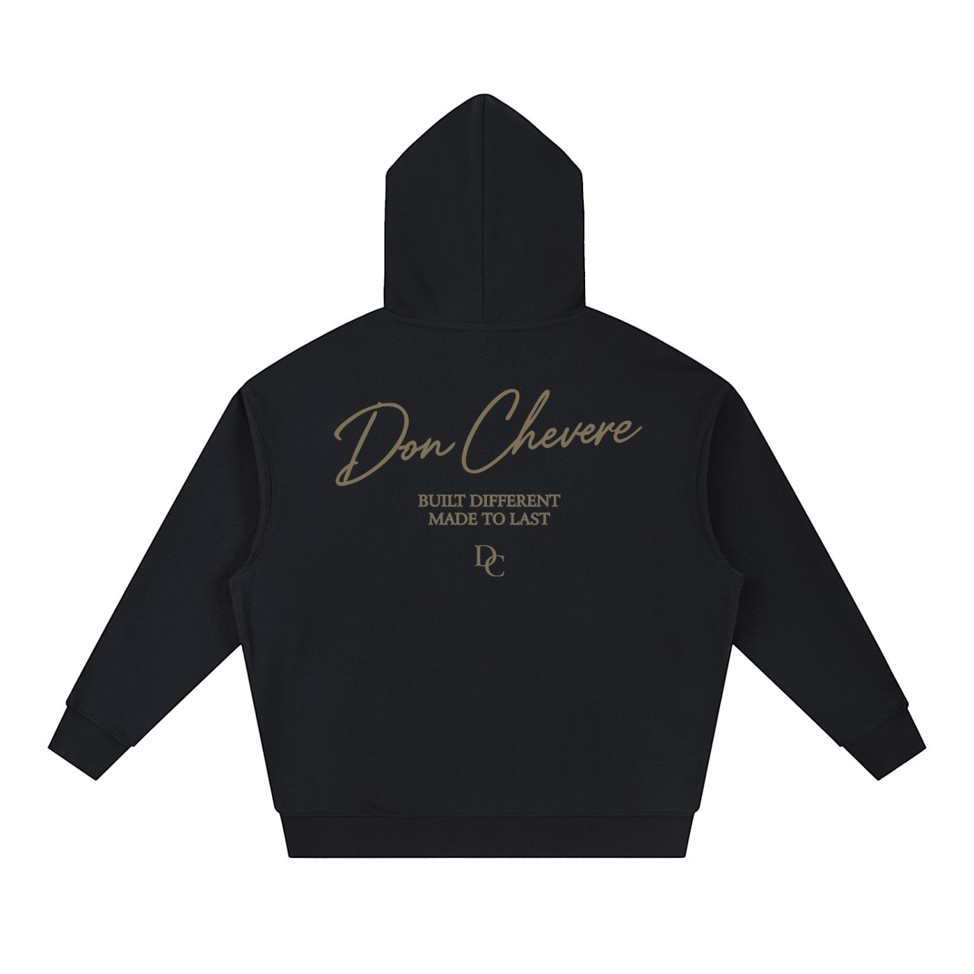 Don Chevere black cotton blend unisex drop-shoulder hoodie with gold text logo and graphic print on back.