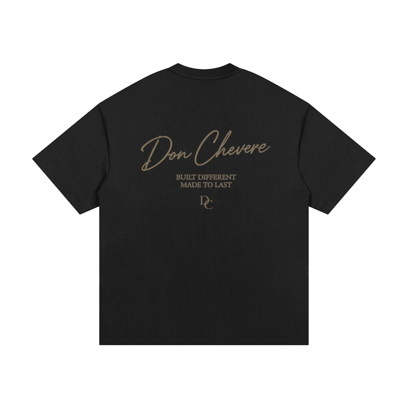 Don Chevere black 100% cotton oversized heavy tee with gold text graphic on back.