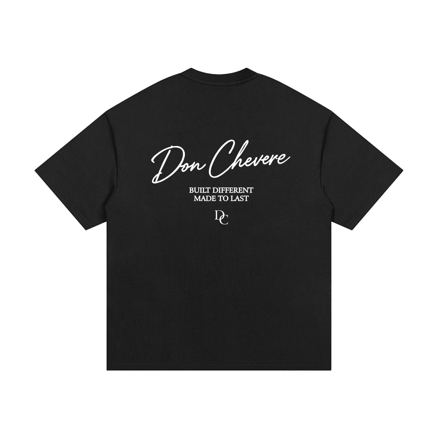 Don Chevere black 100% cotton oversized heavy tee with white text graphic on back.