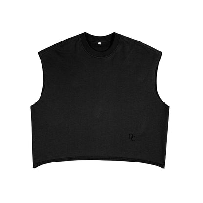 Don Chevere Core Heavyweight black cotton blend sleeveless tank top with frayed hem and subtle logo.