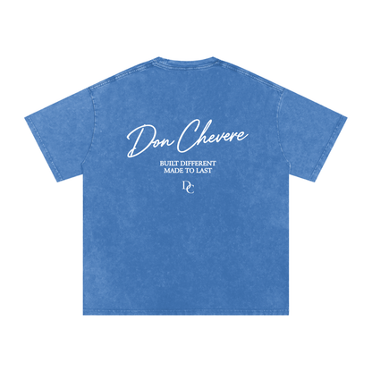 Don Chevere blue washed cotton oversized essential tee with white text graphic