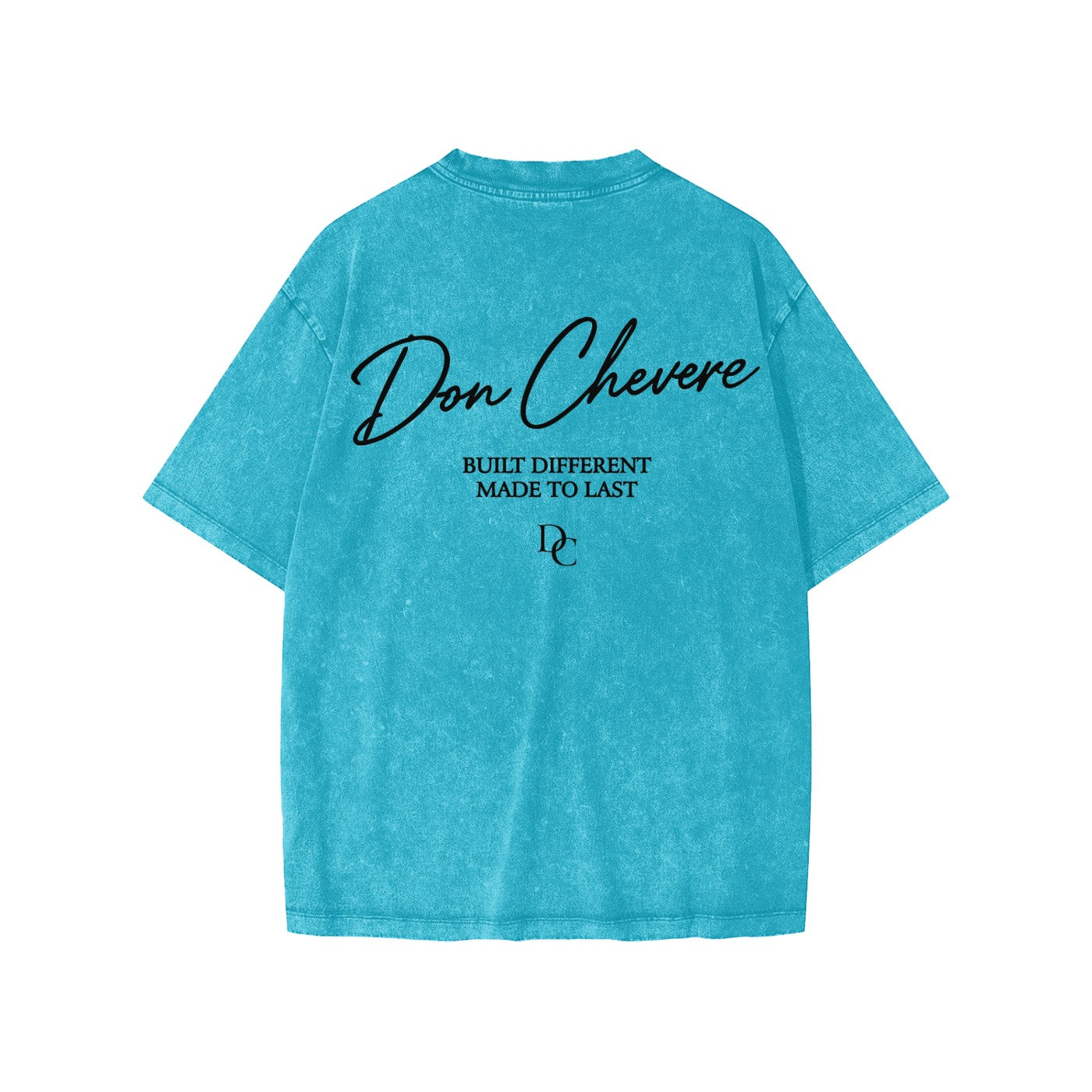 Don Chevere blue washed cotton short sleeve kids' tee with "BUILT DIFFERENT MADE TO LAST" graphic.