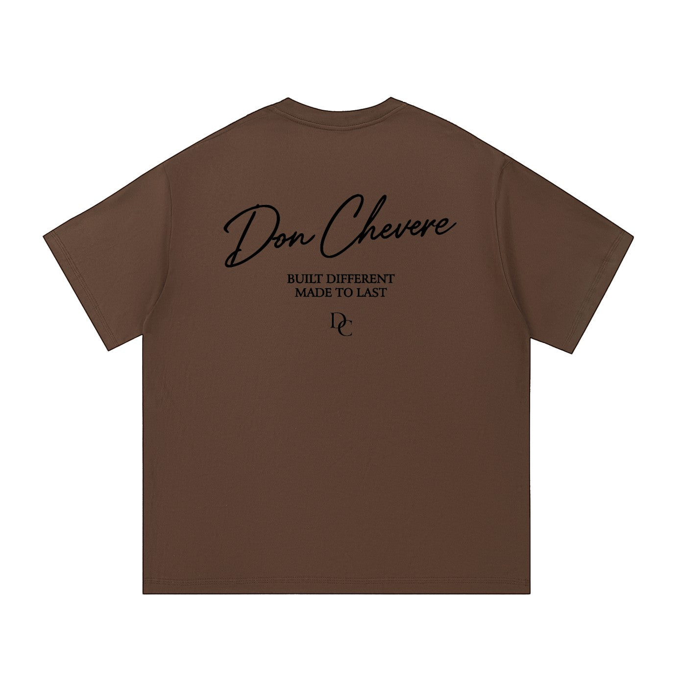 Don Chevere brown 100% cotton unisex t-shirt with round neck and short sleeves, featuring a graphic print on the back.