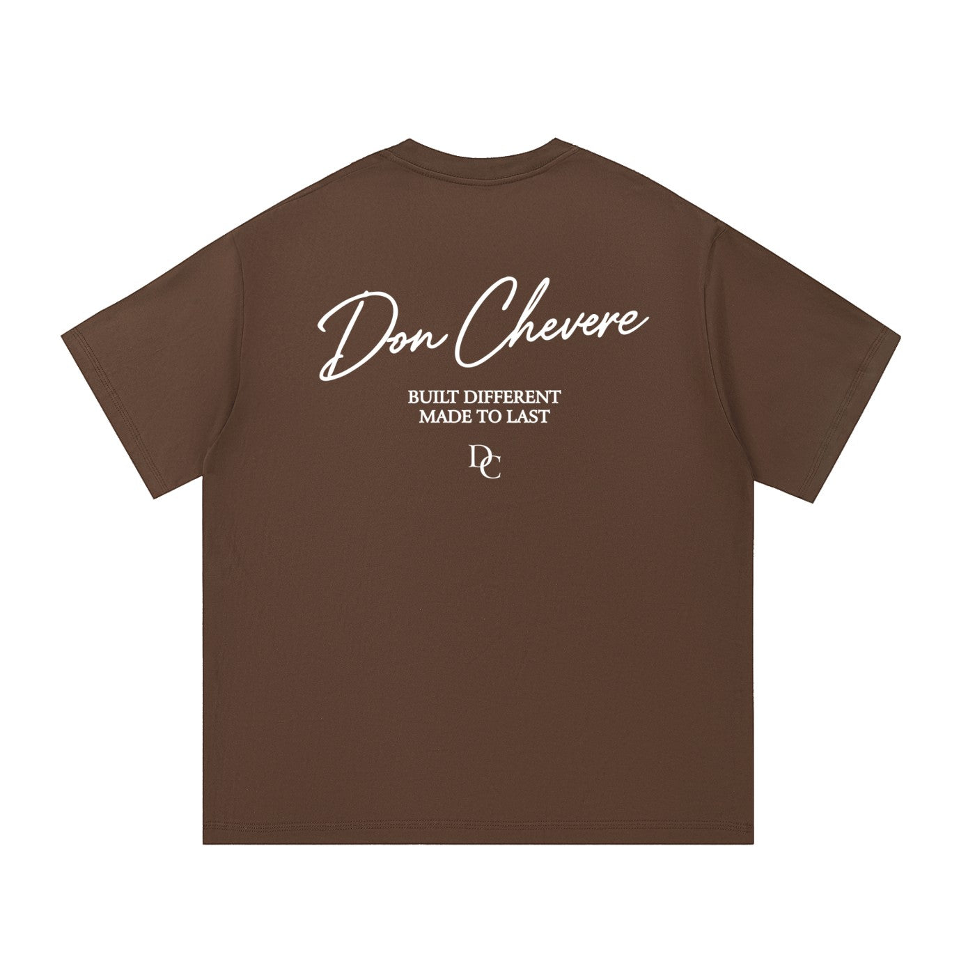 Don Chevere brown 100% cotton unisex t-shirt with white text graphic on back