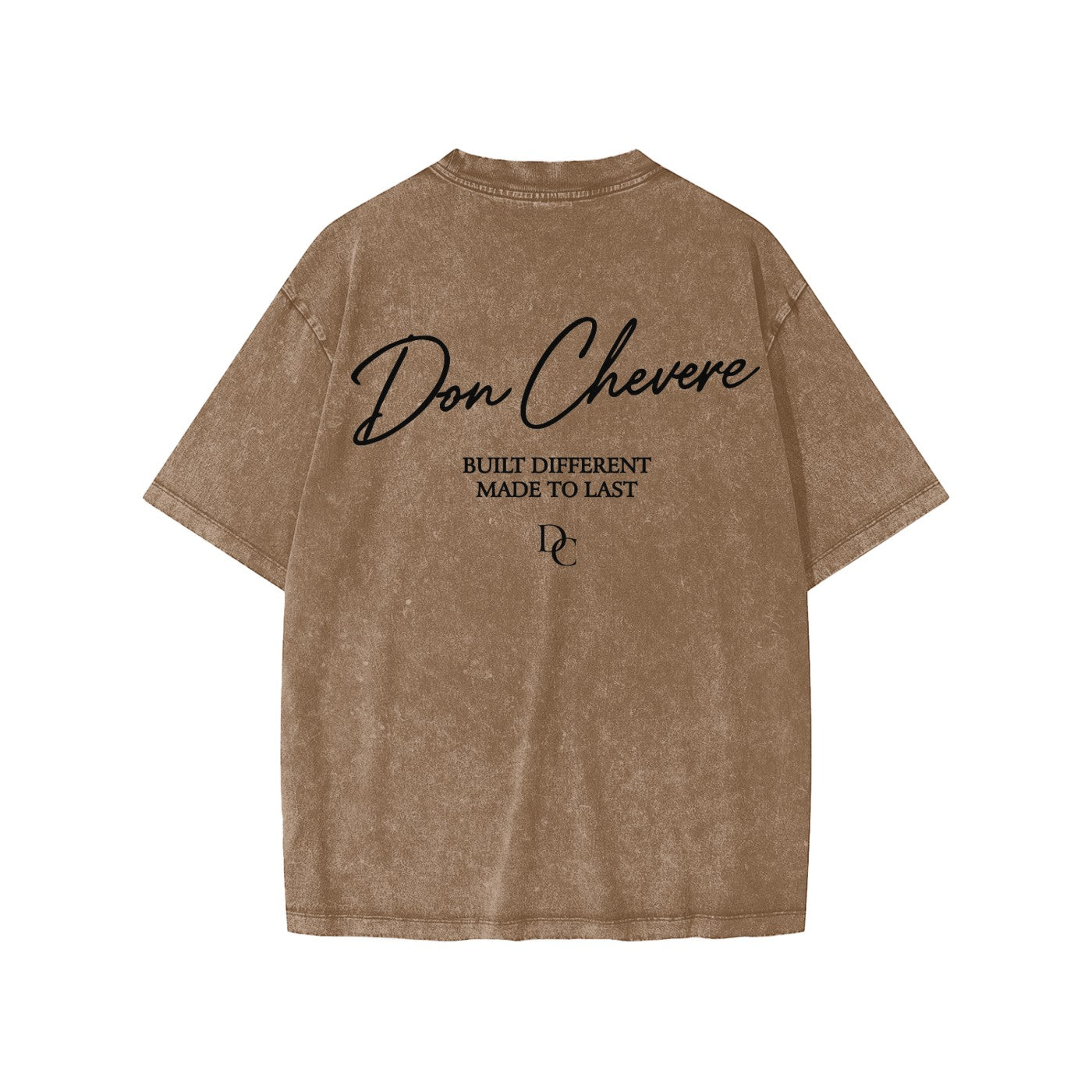 Don Chevere brown washed cotton short sleeve kids' tee with black text graphic on back.