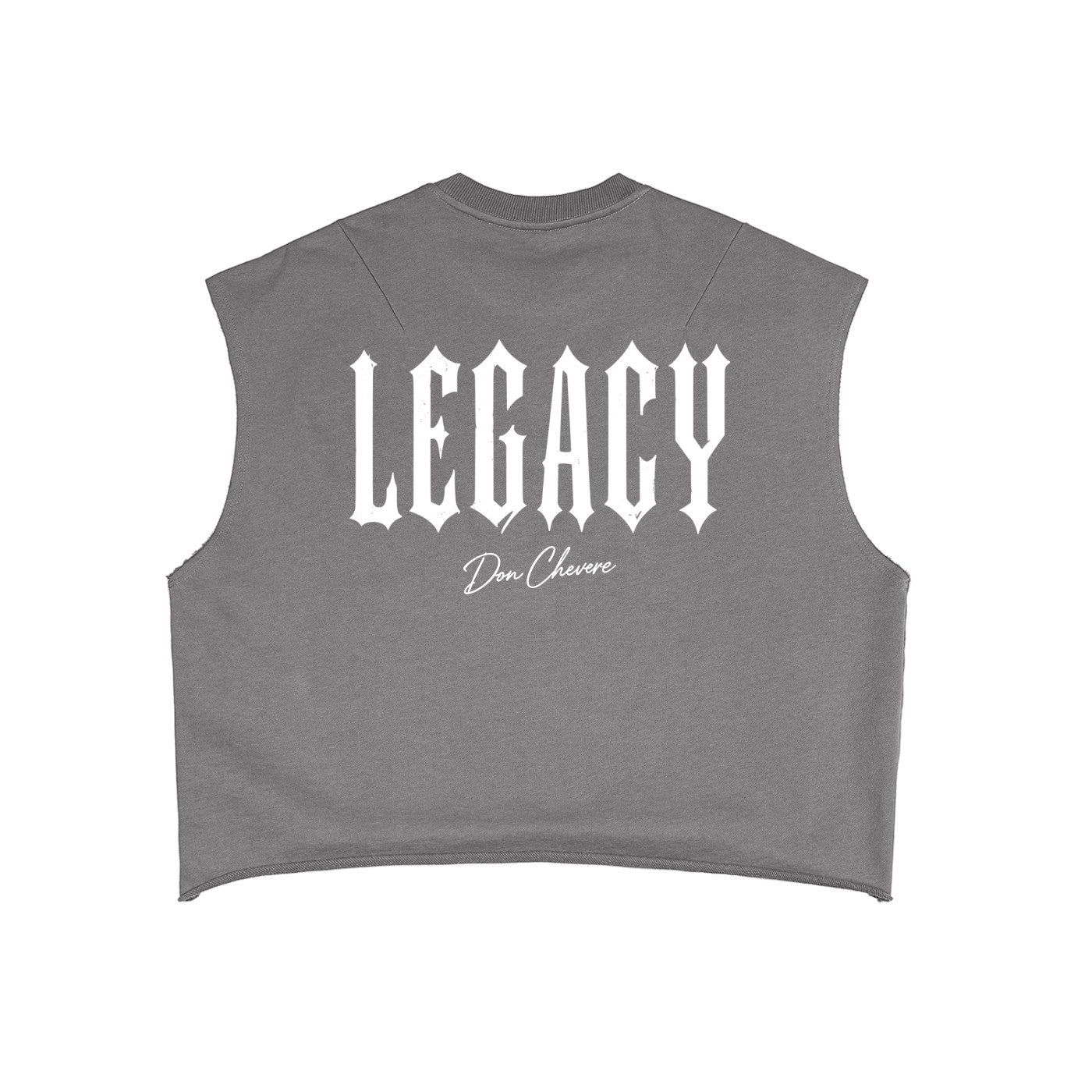 Don Chevere Core Heavyweight Tank, a grey sleeveless crop top with "LEGACY" in gothic font and "Don Chevere" below.