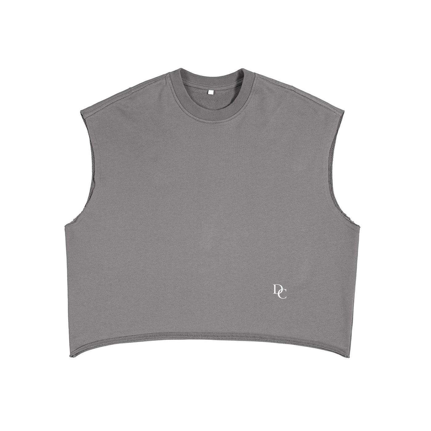 Don Chevere Core Heavyweight Tank, a grey sleeveless crop top made of cotton blend with a frayed hem and a subtle DC logo.