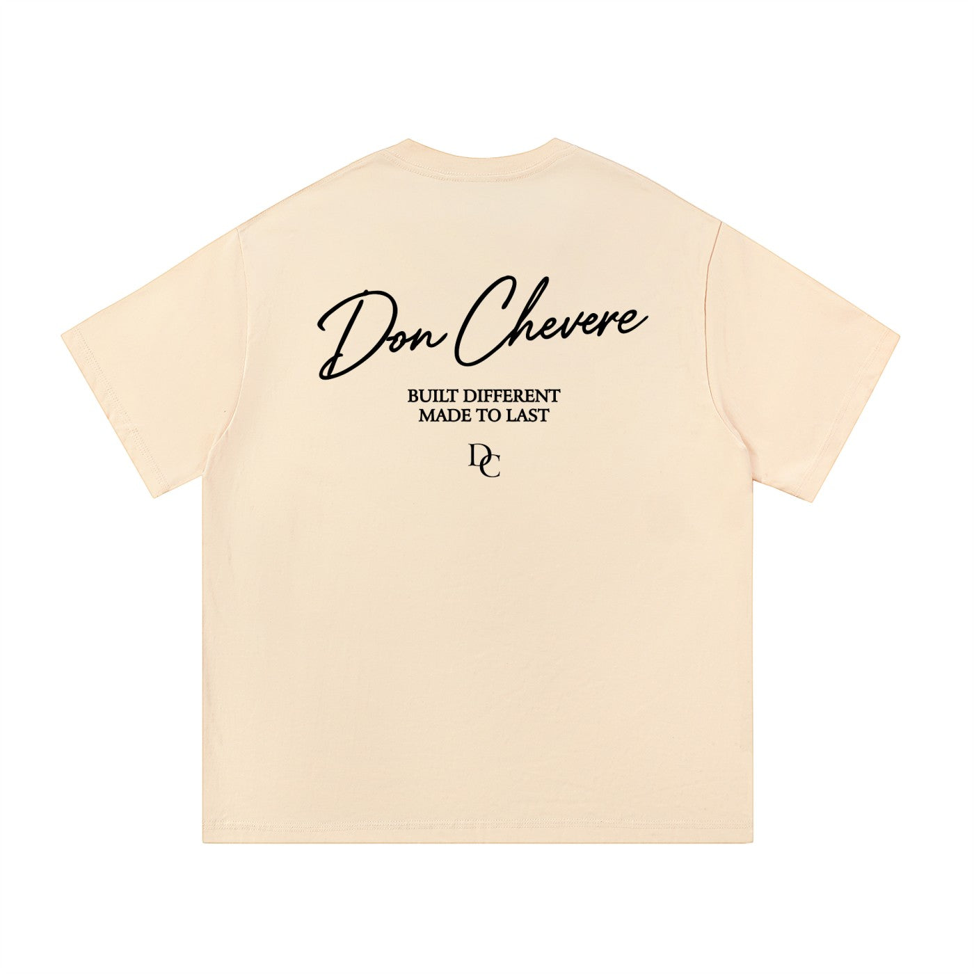 Don Chevere cream 100% cotton unisex short sleeve t-shirt with round neck and black graphic print on back.