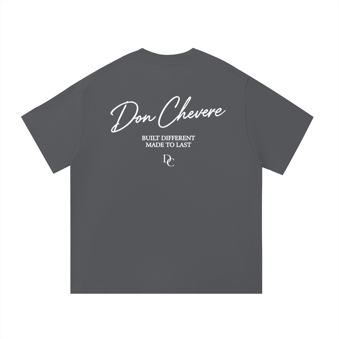 Don Chevere white graphic print on dark grey 100% cotton unisex t-shirt with short sleeves and round neck.