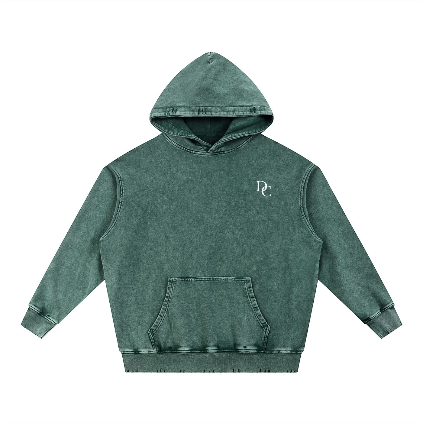 Don Chevere Asphalt Distressed Heavyweight Hoodie in a faded green color, made of 100% cotton with a distressed finish and a front pocket.