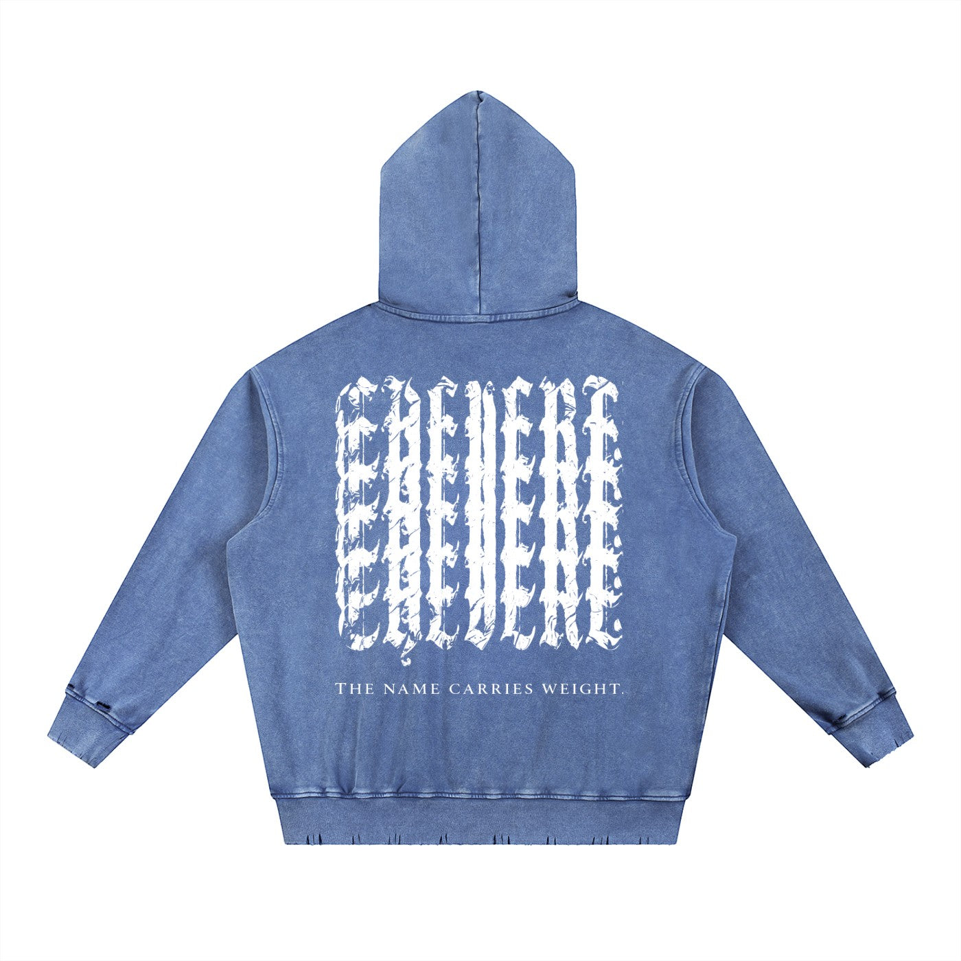 Don Chevere blue distressed heavyweight cotton hoodie with graphic print on back and text "THE NAME CARRIES WEIGHT."