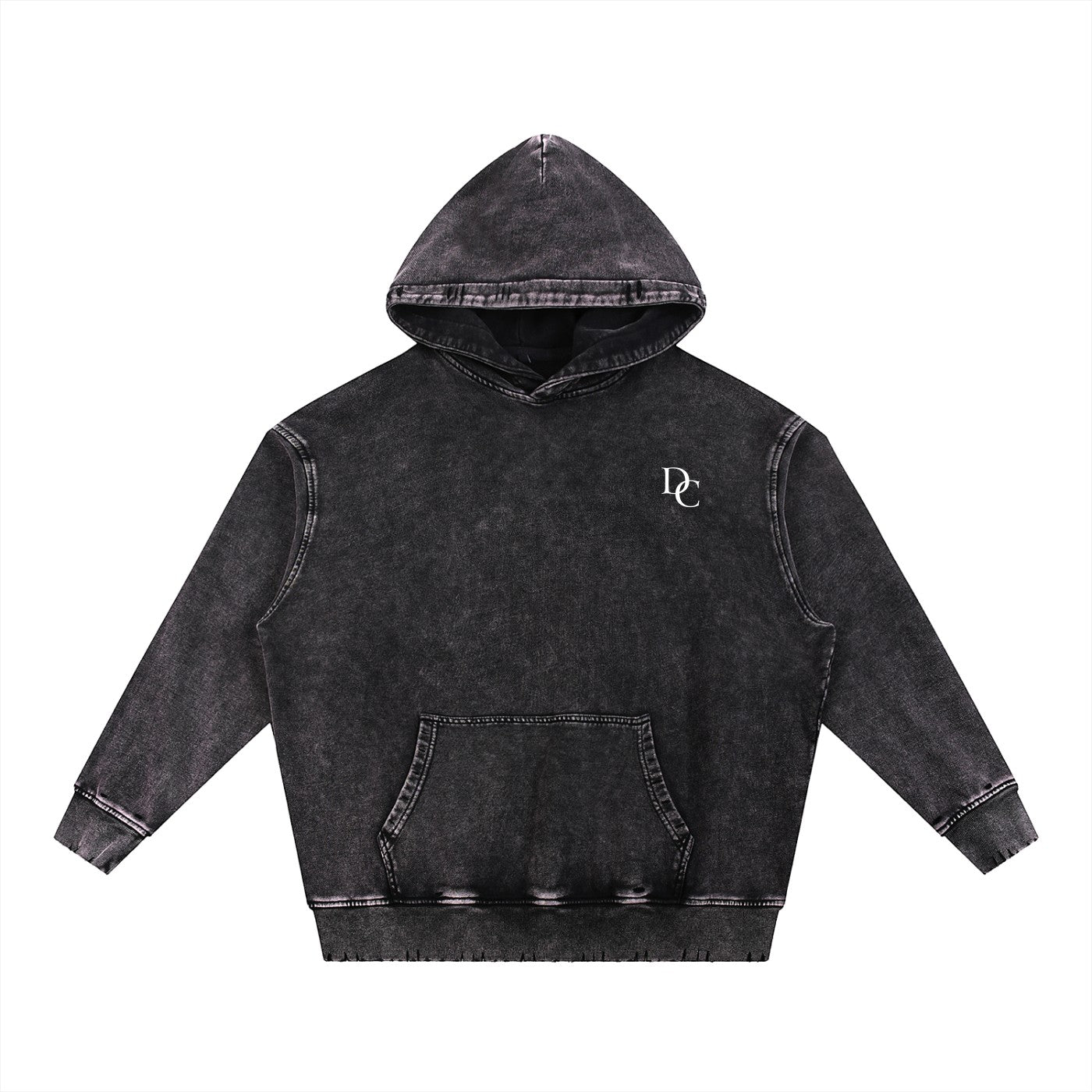 Don Chevere Asphalt Distressed Heavyweight Hoodie, charcoal grey 100% cotton with a distressed wash, drop shoulder, and front pocket.