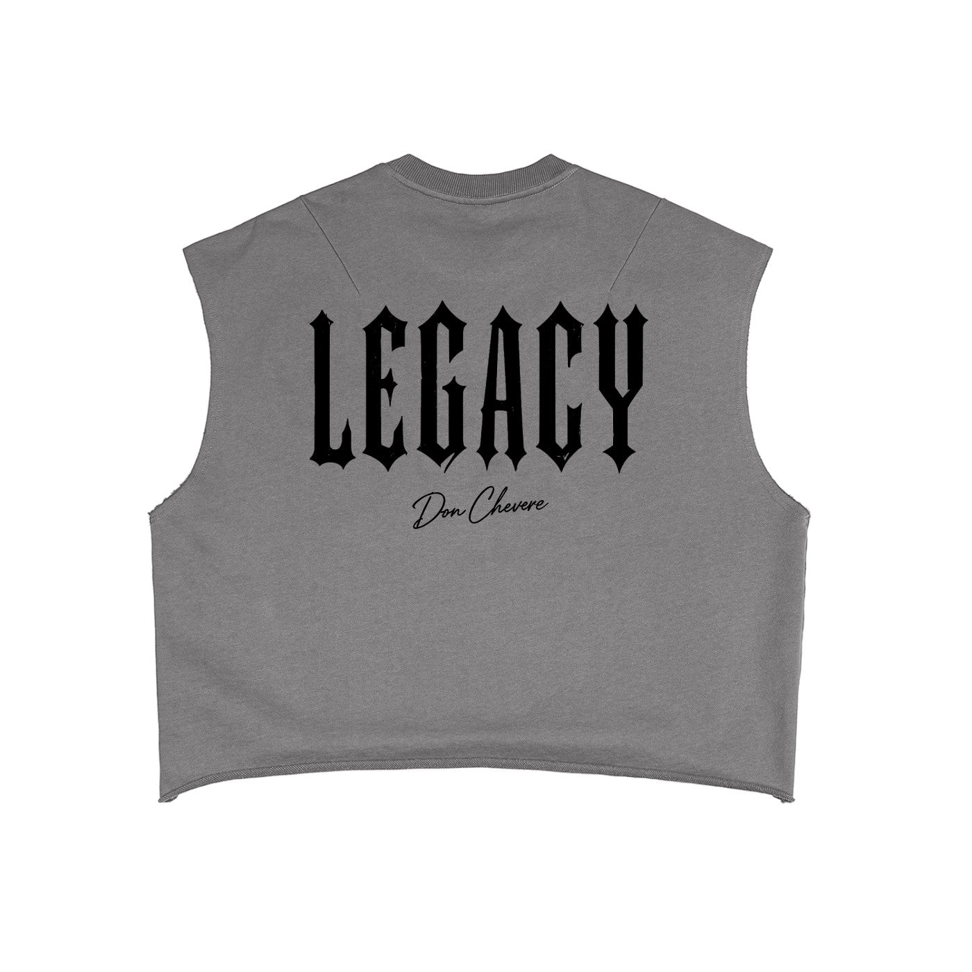 Don Chevere grey cotton blend sleeveless cropped heavyweight tank top with black 'LEGACY' graphic.