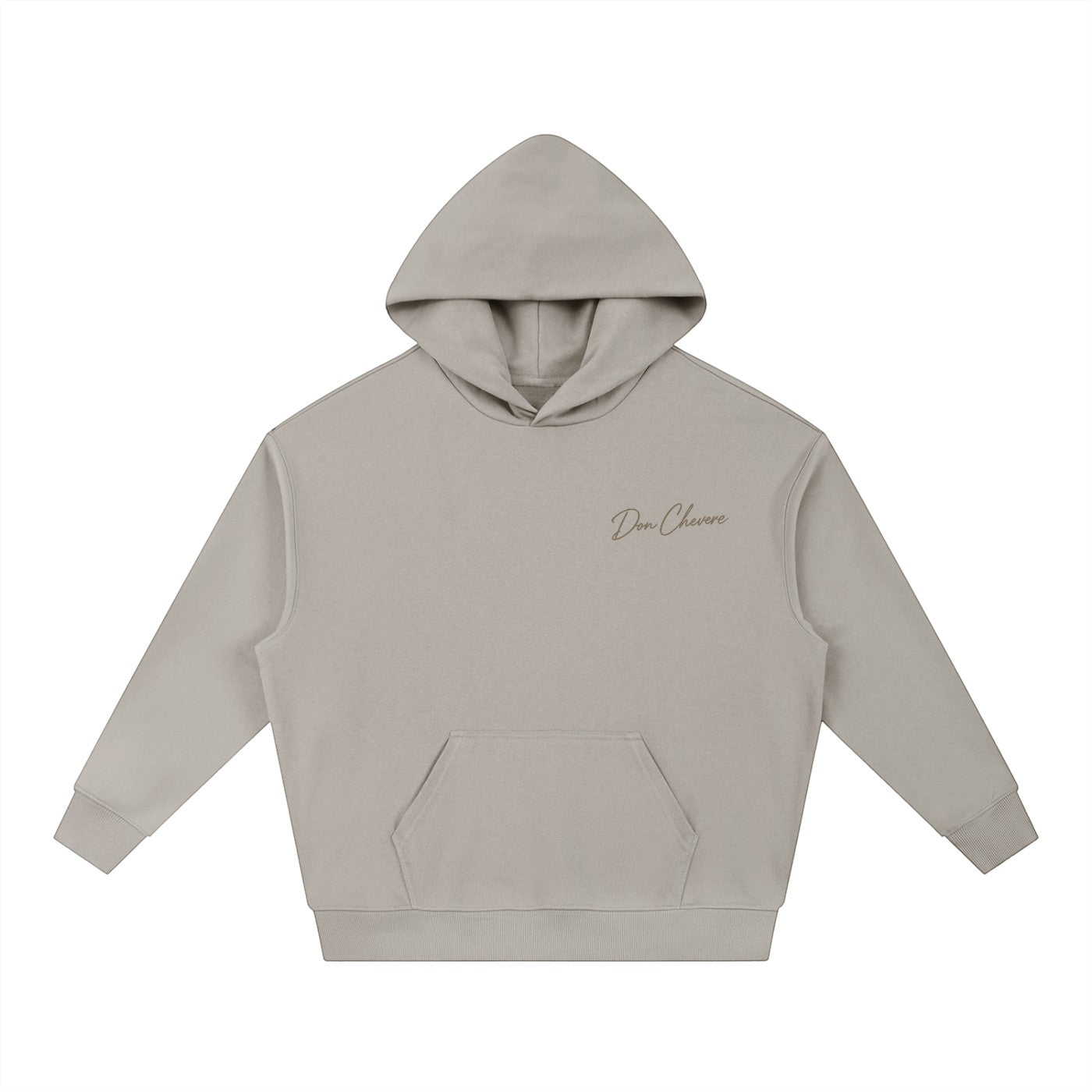 Don Chevere Signature Heavy Drop-Shoulder Hoodie in light grey, made from a cotton-polyester blend with a hood.