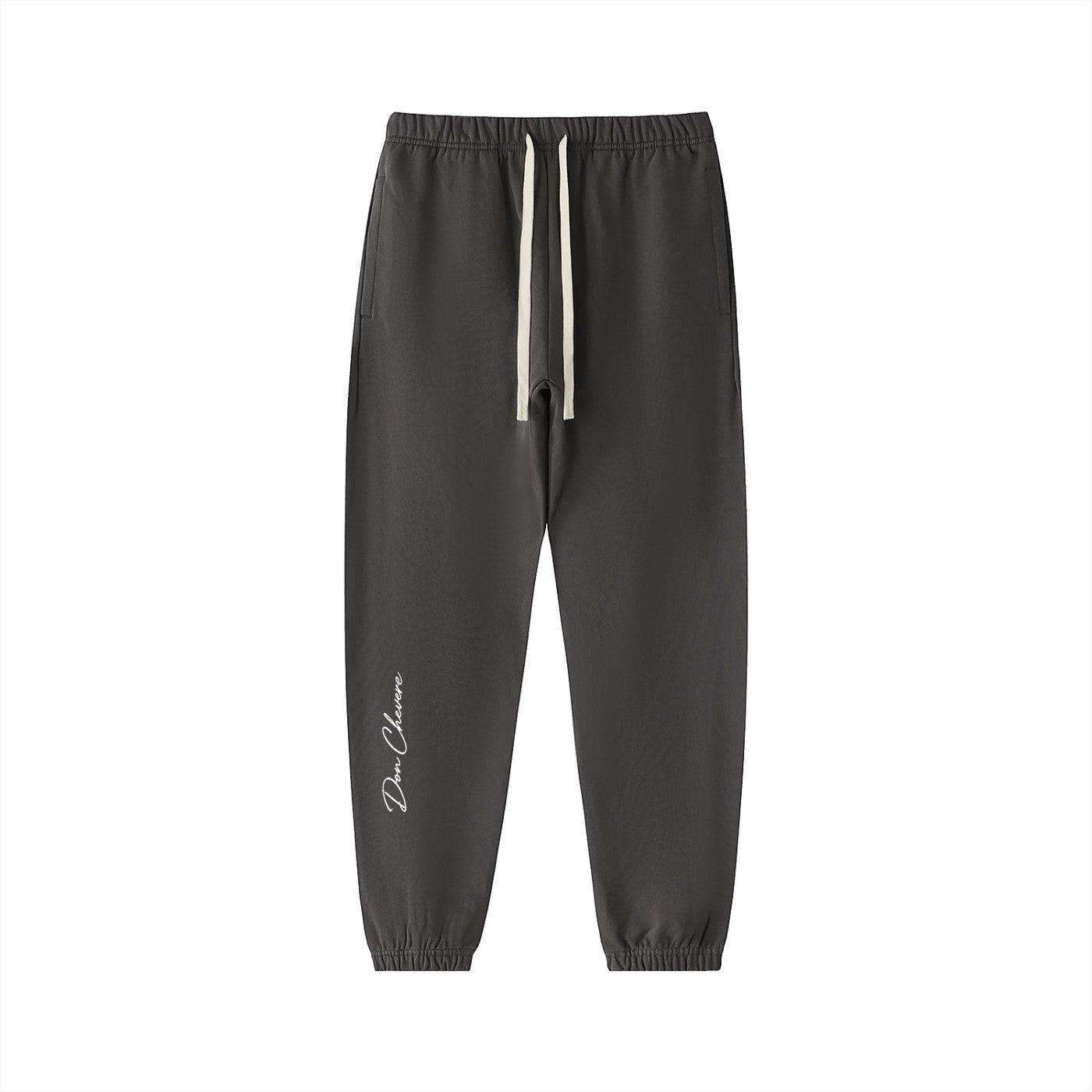 Don Chevere dark grey heavyweight cotton sweatpants with drawstring and logo on left leg.