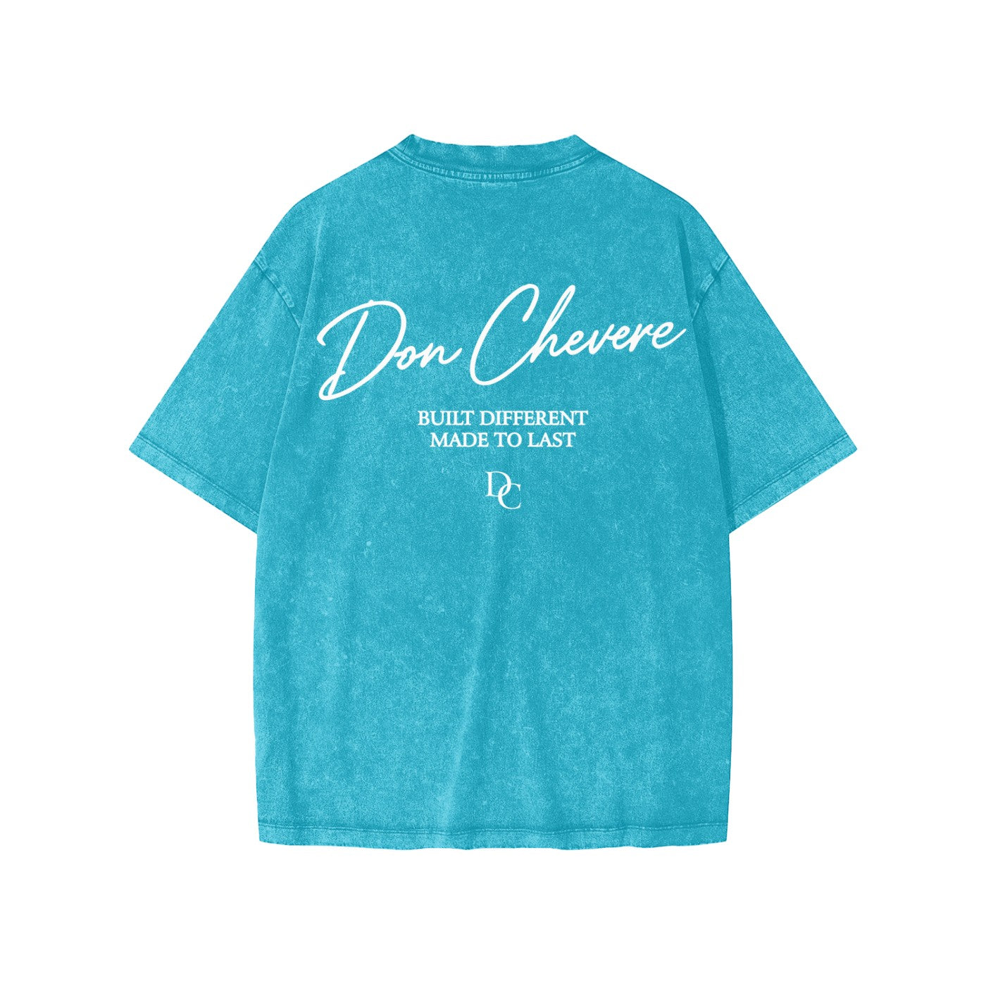 Don Chevere snow washed kids' tee in turquoise blue, 100% cotton with white text graphic on back.