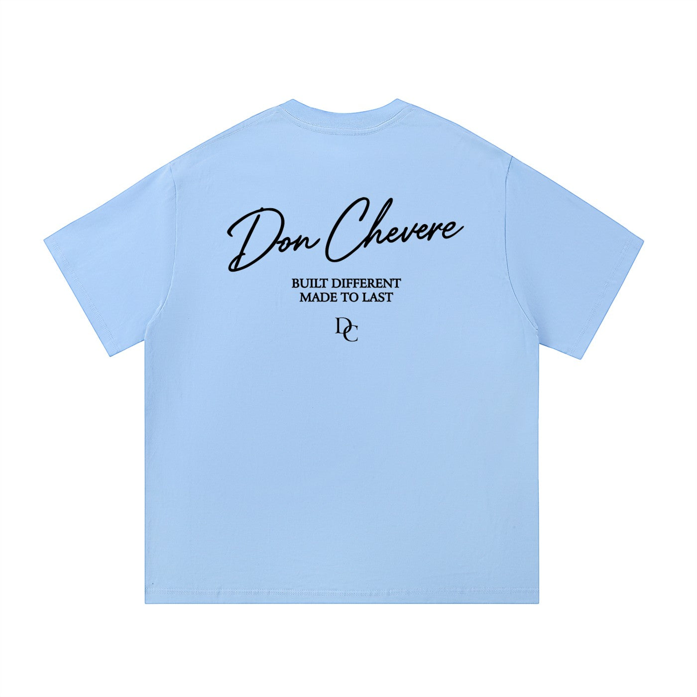 Don Chevere light blue 100% cotton unisex t-shirt with round neck and short sleeves. Features black text print.