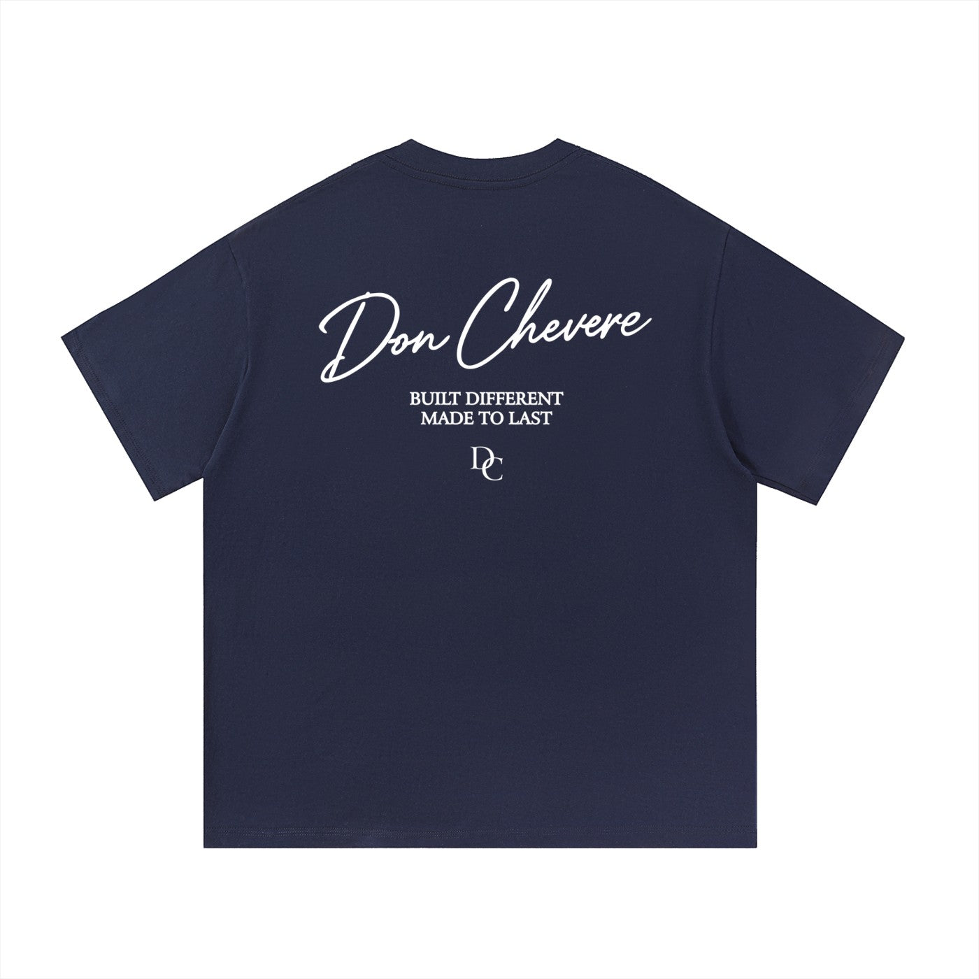 Don Chevere navy blue 100% cotton unisex short sleeve t-shirt with white text graphic on back.