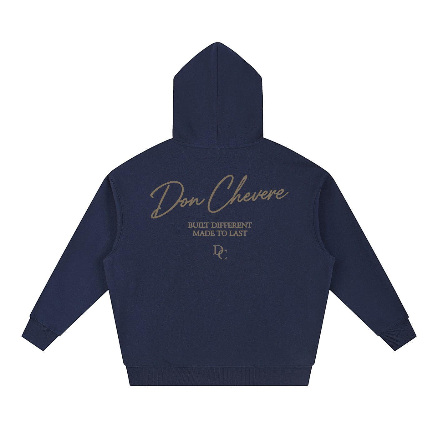 Don Chevere navy blue heavy drop-shoulder hoodie with gold text logo and graphic on back. Cotton blend.