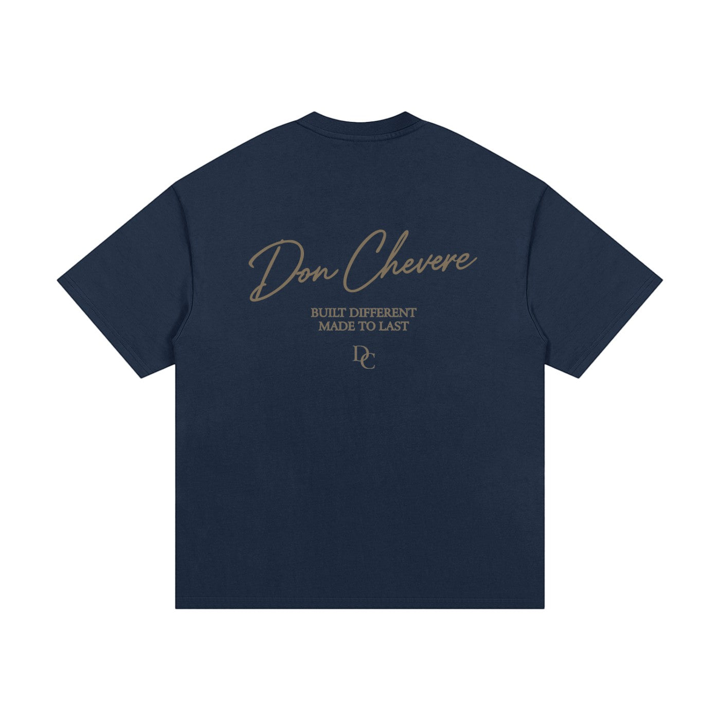 Don Chevere navy blue 100% cotton oversized heavy tee with gold text graphic on back.