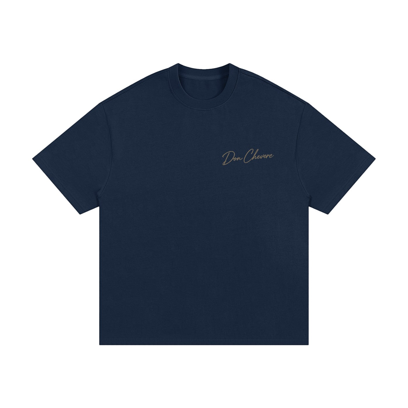 Don Chevere navy blue 100% cotton oversized heavy tee with a round neck and short sleeves. Features a subtle embroidered logo on the left chest.