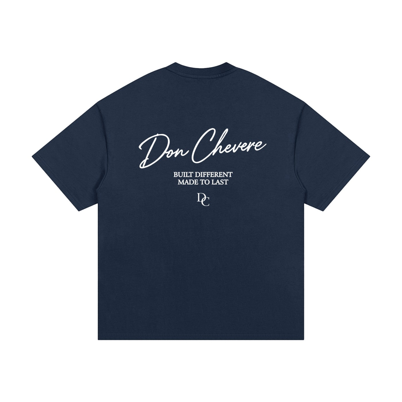 Don Chevere navy blue 100% cotton oversized heavy tee with white text graphic on back.