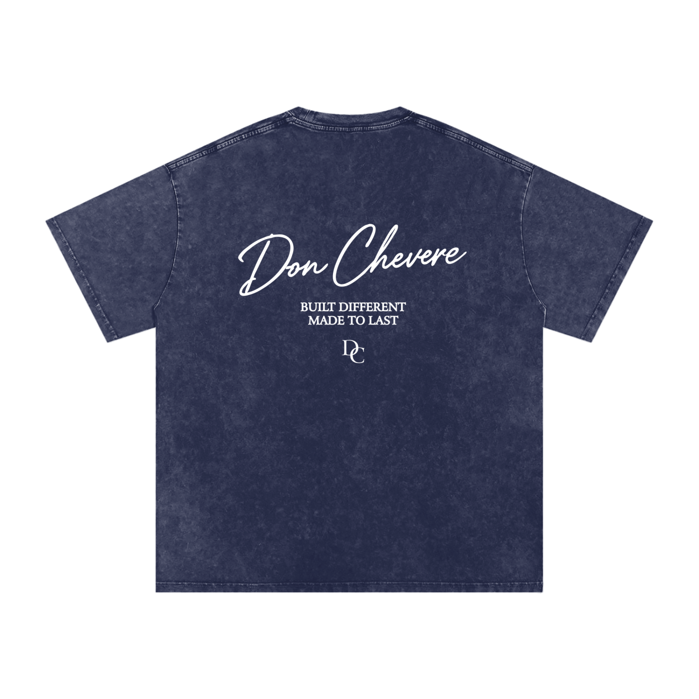 Don Chevere oversized essential tee in dark wash cotton with white text graphic on back.