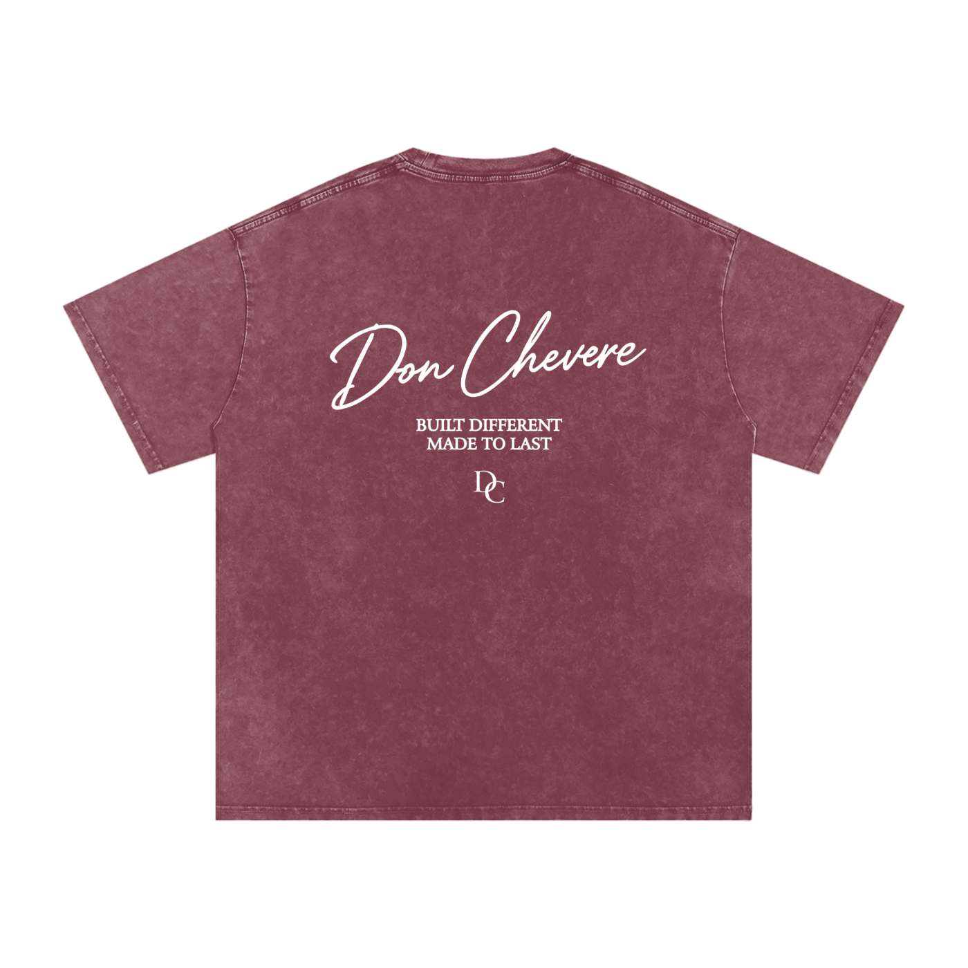 Don Chevere oversized essential tee in washed maroon 100% cotton with white graphic text and logo on back.