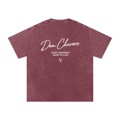 Don Chevere oversized essential tee in washed maroon 100% cotton with white graphic text and logo on back.