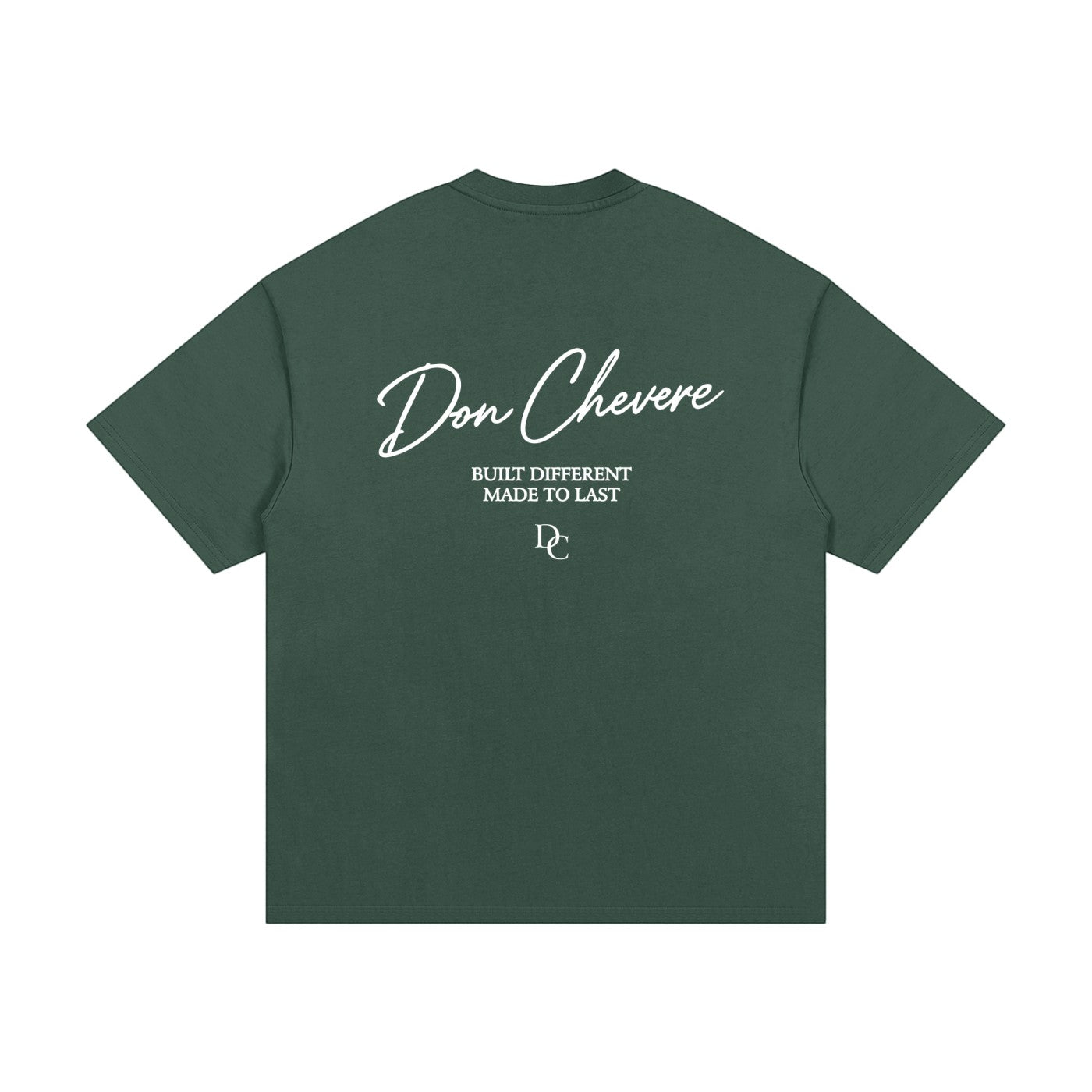 Don Chevere oversized heavy tee in dark green, made of 100% cotton with white text graphic.