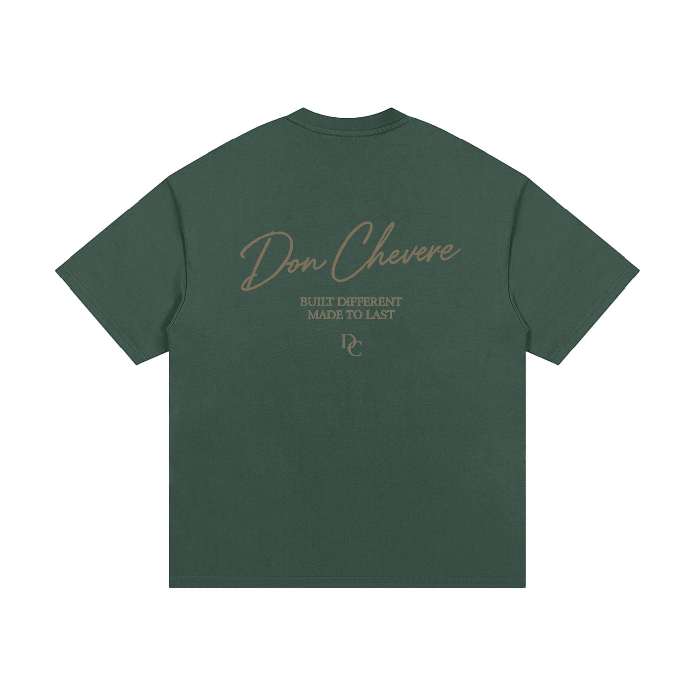 Don Chevere Essential Oversized Heavy Tee in dark green, 100% cotton with a round neck and short sleeves. Features a graphic print on the back.