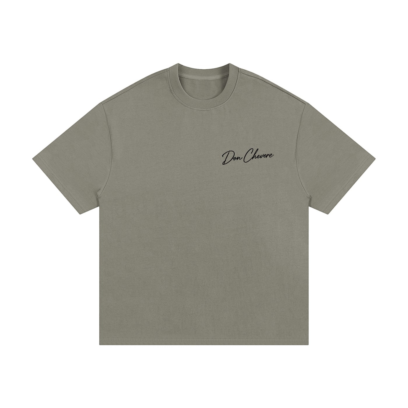 Don Chevere oversized heavy tee in muted green, 100% cotton with a crew neck and short sleeves.