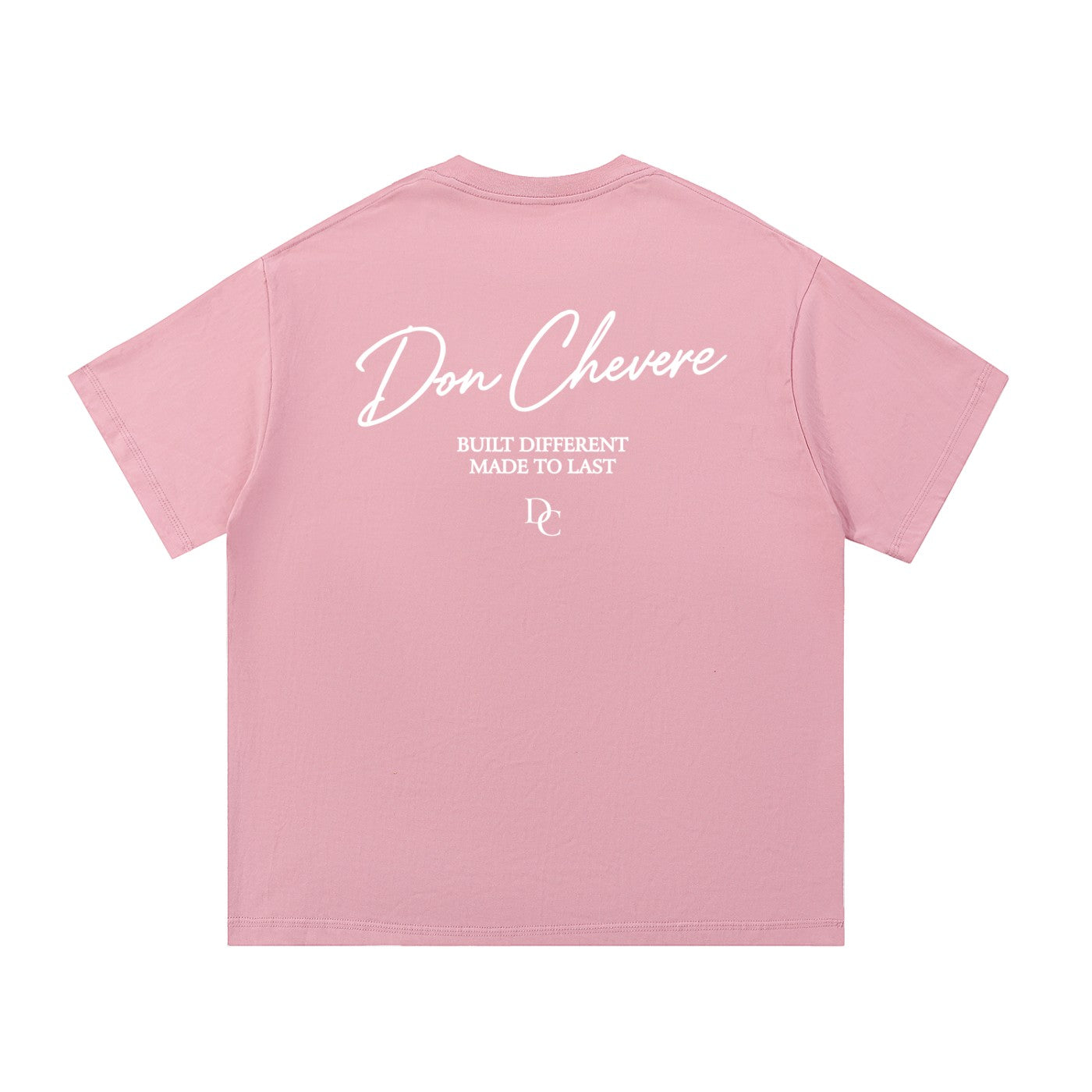 Don Chevere pink 100% cotton t-shirt with white text graphic on back.
